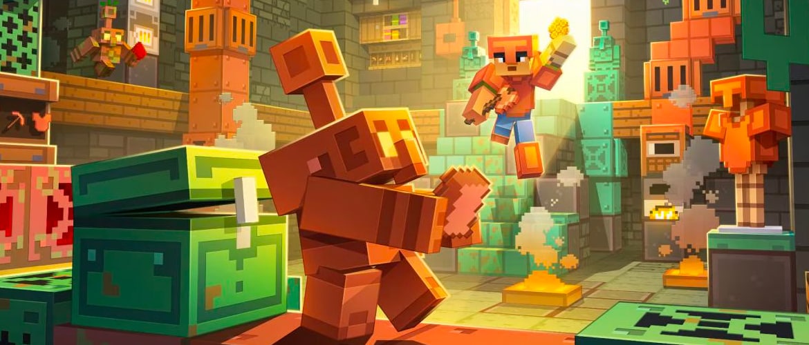 A copper golem, standing next to a chest while holding a copper bar. A player can be seen in the background.