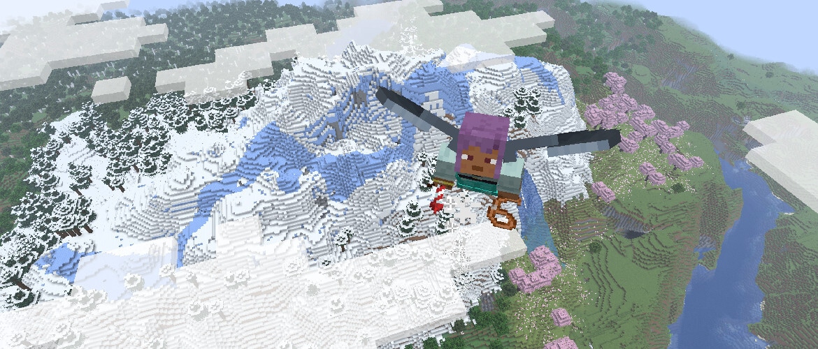 Efe can be seen soaring through the sky above frozen peaks with the help of an elytra and firework rockets to propel themselves.